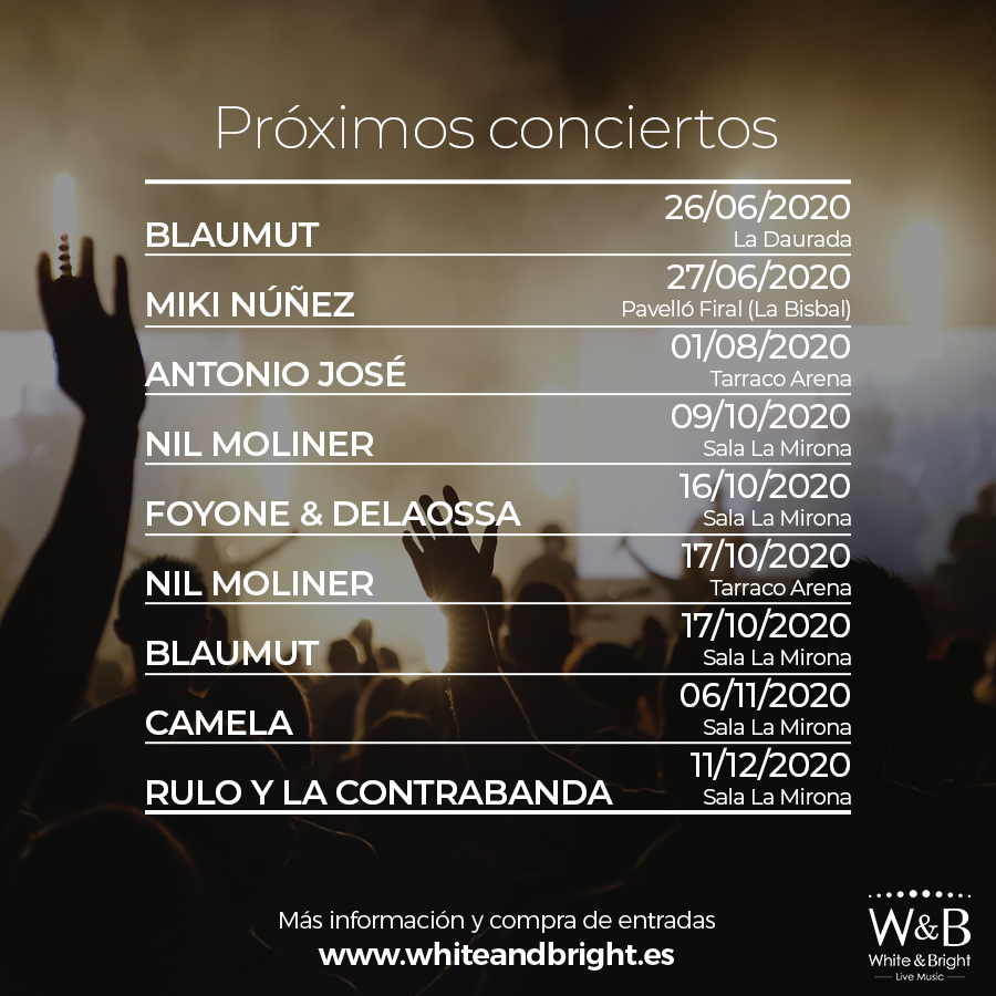 _WhiteandBright's tweet photo. Os recordamos que han habido modificaciones en las fechas de los conciertos que estaban previstos para el próximo mes de mayo 🙌🏼 ¡Os dejamos con el resumen de los conciertos aplazados a este mismo año para que no os perdáis ni uno!

#WhiteAndBright #LiveMusic #Conciertos https://t.co/R0QfbbnPas