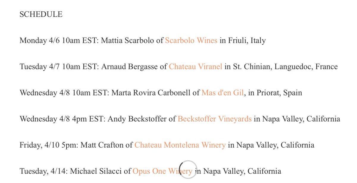 #vineyardchat schedule @ScarboloWines @Regal_Wine @Viranel1551 @doqpriorat @SaintChinian @BeckstofferVnds @ChMontelena @OpusOneWinery @VisitCalistoga
