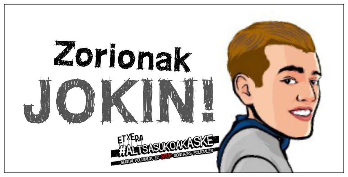 Altsasugurasoak's tweet image. Hoy nuestro hijo Jokin cumple 26 años, su cuarto cumpleaños consecutivo dentro de la cárcel. Desde que lo metieron preso con 22 años, ha pasado este día en tres prisiones diferentes (Soto del Real, Estremera y Zaballa). #Altsasu

ZORIONAK JOKIN!! MAITE ZAITUGU!! #AltsasukoakASKE