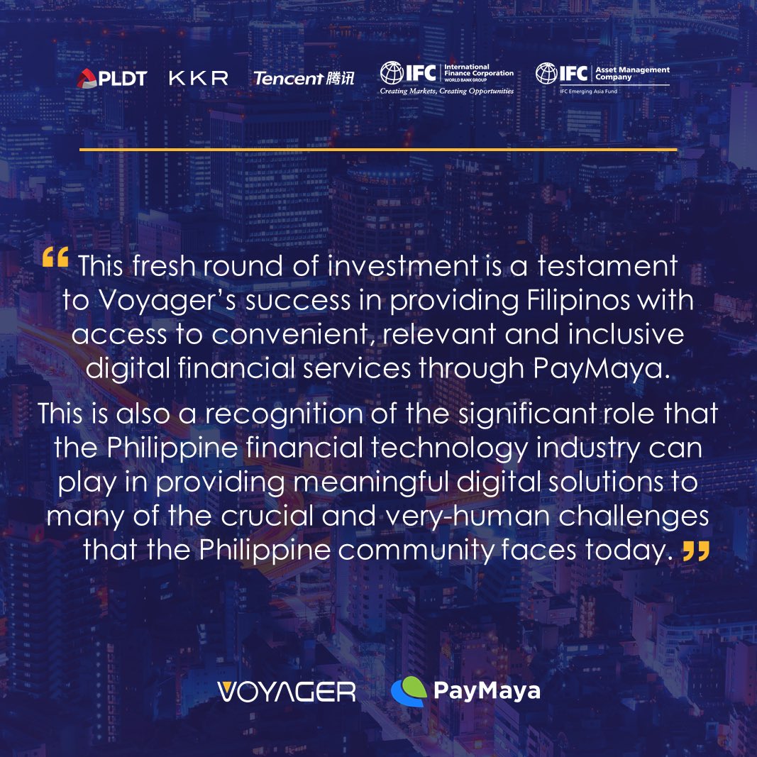 PHVoyager's tweet photo. Today, PLDT, KKR, Tencent, IFC, and the IFC Emerging Asia Fund announced a follow-on funding of up to US$120 million in Voyager. https://t.co/WmaB9vq7r4