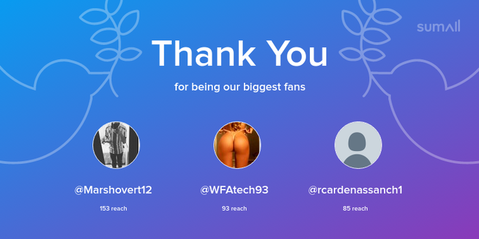 Our biggest fans this week: Marshovert12, WFAtech93, rcardenassanch1. Thank you! via https://t.co/Lnrg9rGJvt