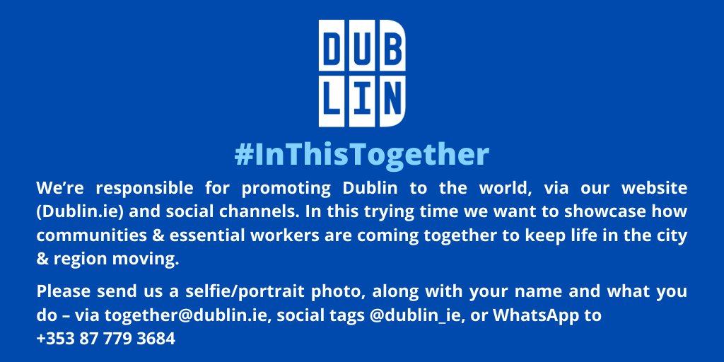 Dublin (@dublin_ie) on Twitter photo CALLING ALL ESSENTIAL WORKERS OF #DUBLIN!
It’s great to see our essential workers at the forefront of the response to #COVID19Ireland. To showcase your dedication & say thank you, we're curating a new #InThisTogether media campaign. See below – we need your input! 💪💙 CALLING ALL ESSENTIAL WORKERS OF #DUBLIN!
It’s great to see our essential workers at the forefront of the response to #COVID19Ireland. To showcase your dedication & say thank you, we're curating a new #InThisTogether media campaign. See below – we need your input! 💪💙