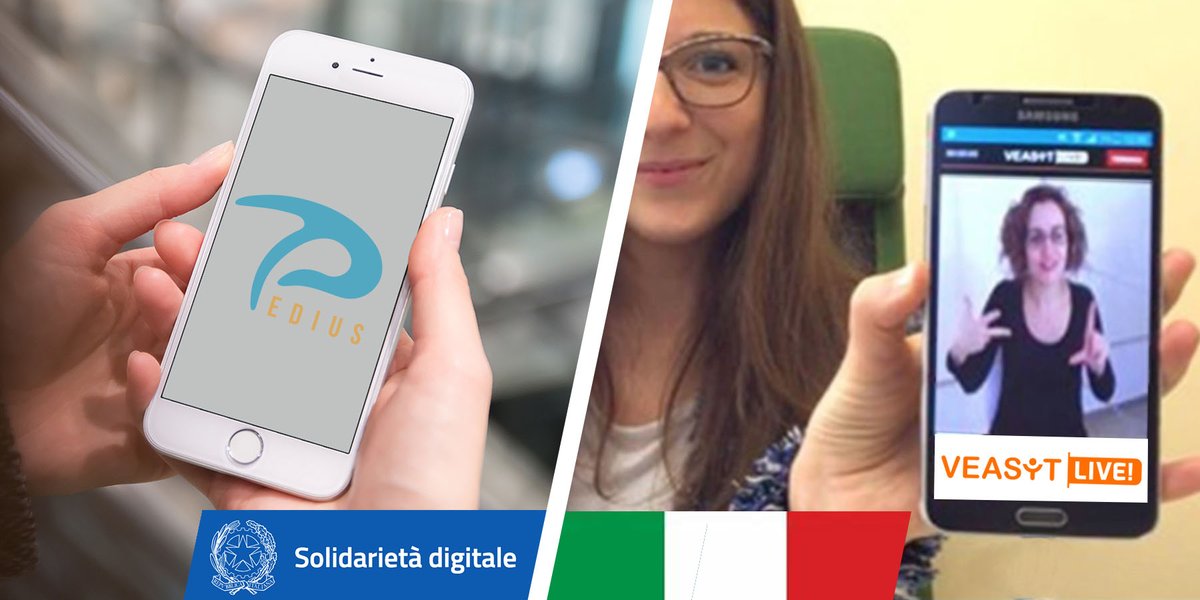 #SolidarietàDigitale
Pedius e <a href="/veasyt/">VEASYT</a> assieme per le persone sorde, per rendere accessibili gratuitamente i numeri per l'emergenza #COVID19 con video interpretariato LIS e telefonata sottotitolata, o per altre esigenze personali.

facebook.com/PediusCall/pho…