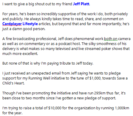 cardplayerlife's tweet photo. Thanks for keeping me going, @jeffplatt. You're an absolute rock star!
More info here on the 2020 Running Well challenge, @SaveChildsHeart: https://t.co/3cNQEcL8kI
If anyone else wants to pledge support, be in touch.
#positivity #callingstation #charity #charityfundraising https://t.co/dbFGazwBkT