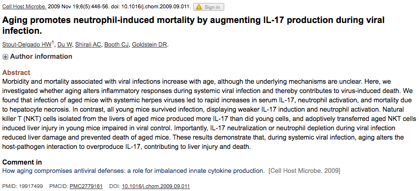 1)ageThe increase inflammation that occurs with age (aka "inflammaging") is well-documented.This paper shows how during viral infection, aged mice overproduce IL-17A (relative to young control), leading to neutrophil-mediated organ damage/death.Rescued by anti-IL-17A Ab
