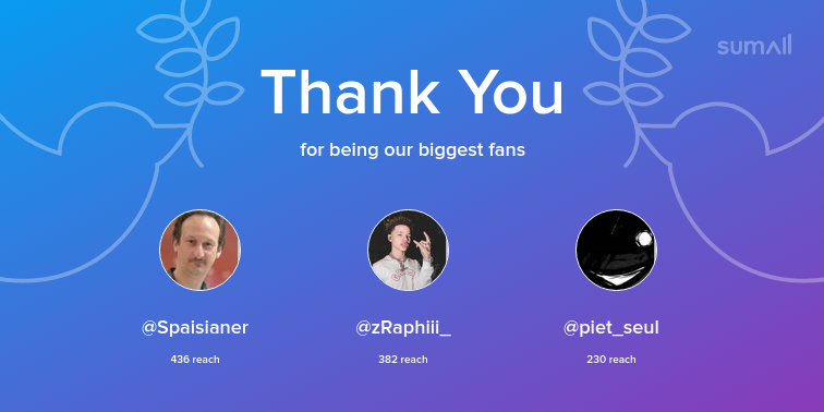 Our biggest fans this week: Spaisianer, zRaphiii_, piet_seul. Thank you! via sumall.com/thankyou?utm_s…