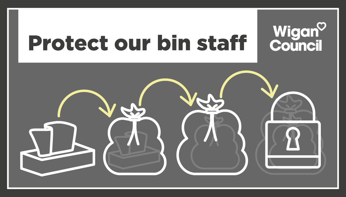 WiganCouncil's tweet photo. As the council continues to deploy waste collection rounds as normal, residents can help protect our crews and themselves. Please remember to to keep waste out of sunlight, wrap food waste in liners and keep bin lids sealed. Please also double bag any waste used for cleaning. https://t.co/95YWXMuEue