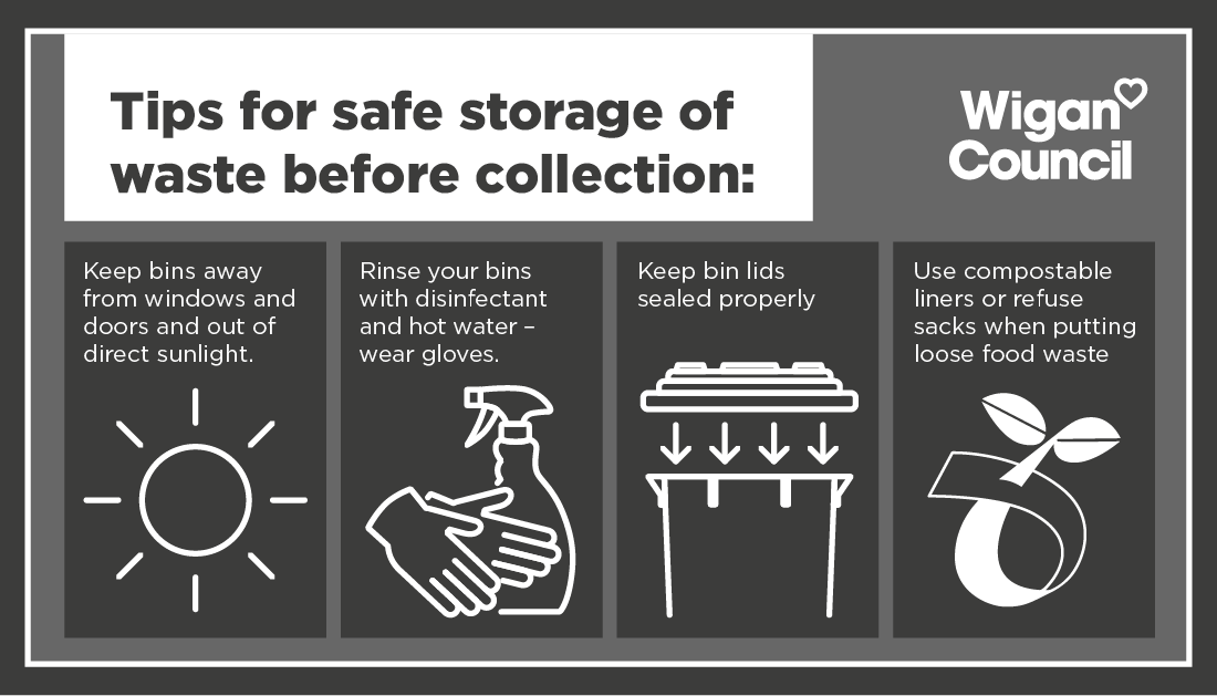 WiganCouncil's tweet photo. As the council continues to deploy waste collection rounds as normal, residents can help protect our crews and themselves. Please remember to to keep waste out of sunlight, wrap food waste in liners and keep bin lids sealed. Please also double bag any waste used for cleaning. https://t.co/95YWXMuEue