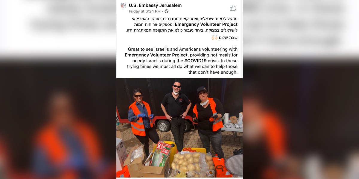 Emergency Volunteer Project (@evpisrael) on Twitter photo Thankful to the support of <a href="/usembassyjlm/">U.S. Embassy Jerusalem</a> and <a href="/USAmbIsrael/">Ambassador Mike Huckabee</a> David Friedman ๐
#StrongerTogether ๐ฎ๐ฑ๐บ๐ธ
.
.
.
#coronavirus #Covid_19 Thankful to the support of <a href="/usembassyjlm/">U.S. Embassy Jerusalem</a> and <a href="/USAmbIsrael/">Ambassador Mike Huckabee</a> David Friedman ๐
#StrongerTogether ๐ฎ๐ฑ๐บ๐ธ
.
.
.
#coronavirus #Covid_19