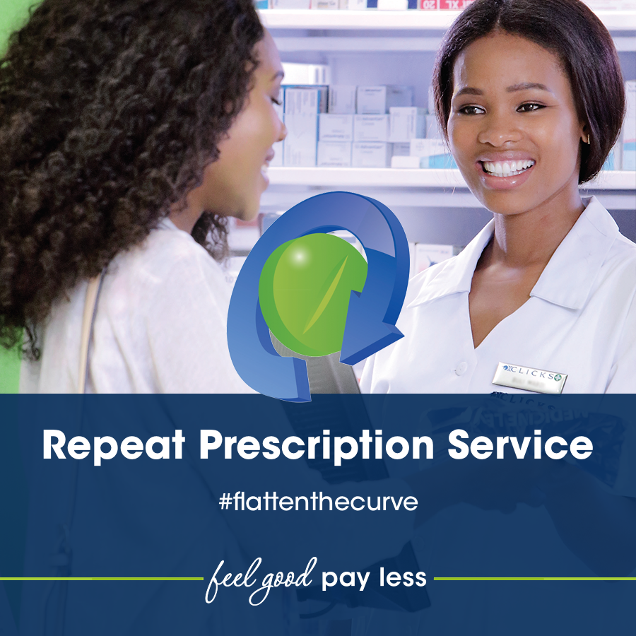 Clicks_SA's tweet photo. Minimise time away from home, sign up for our Repeat Prescription Service.

A monthly SMS notification will be sent when the pre-packed medication is ready for collection. To submit a script, call 0860 737 328 or email repeat@clicksgroup.co.za

Together we can #Flattenthecurve https://t.co/AHL2qgoWj0