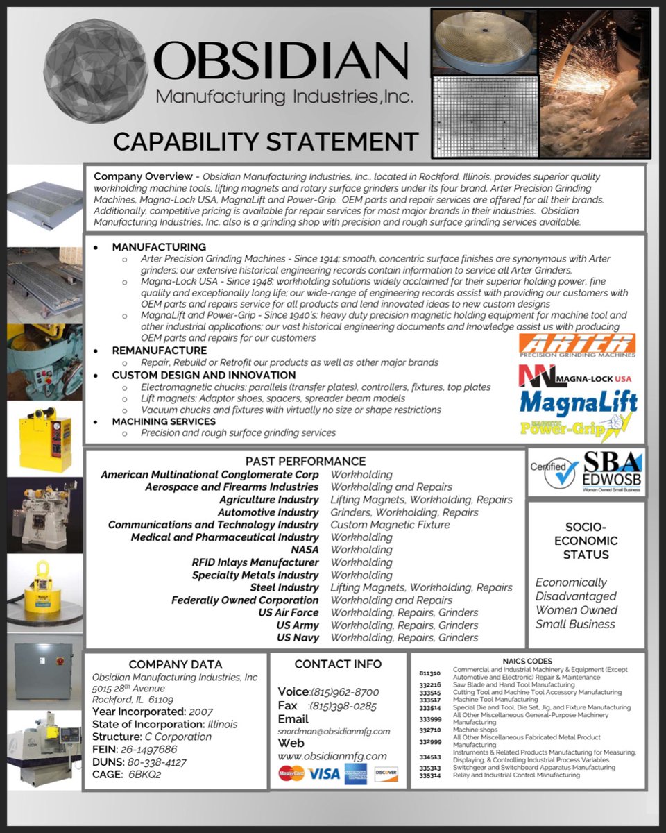 ObsidianMfg's tweet photo. We are open and at full capacity! Our capabilities statement can be found on our website. What can we do for you? ๐ช๐บ๐ธ๐ค #ObsidianMFG #RockfordIL #AmericanManufacturing #WorkHolding #Engineering #RotarySurfaceGrinder #LiftMagnets #GrindShop #Rebuilds #MachineRepair #WOSB https://t.co/KWjVKT3UJa