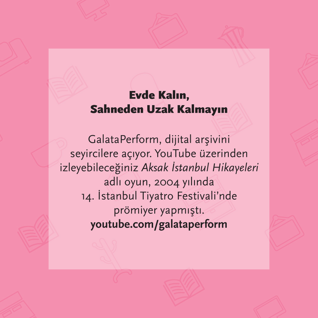 İstanbul Tiyatro Festivali (@tiyatrofest) on Twitter photo Evde Kalın, Sahneden Uzak Kalmayın
***
Birçok kez festivalde de ağırladığımız <a href="/GalataPerform/">GalataPerform</a> da dijital arşivini seyircilere açıyor. YouTube üzerinden izleyebileceğiniz Aksak İstanbul Hikayeleri adlı oyun, 2004 yılında 14. İstanbul Tiyatro Festivali’nde prömiyer yapmıştı. Evde Kalın, Sahneden Uzak Kalmayın
***
Birçok kez festivalde de ağırladığımız <a href="/GalataPerform/">GalataPerform</a> da dijital arşivini seyircilere açıyor. YouTube üzerinden izleyebileceğiniz Aksak İstanbul Hikayeleri adlı oyun, 2004 yılında 14. İstanbul Tiyatro Festivali’nde prömiyer yapmıştı.