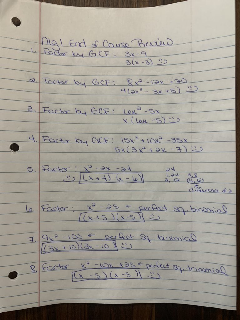 MCEMTHDept's tweet photo. MTH3: were still working through the large Alg1 End of Year Review. These are notes to go over factoring. I’ll include some videos on our google classroom. Please let me know if you need help or have questions https://t.co/v1hsr59cVS