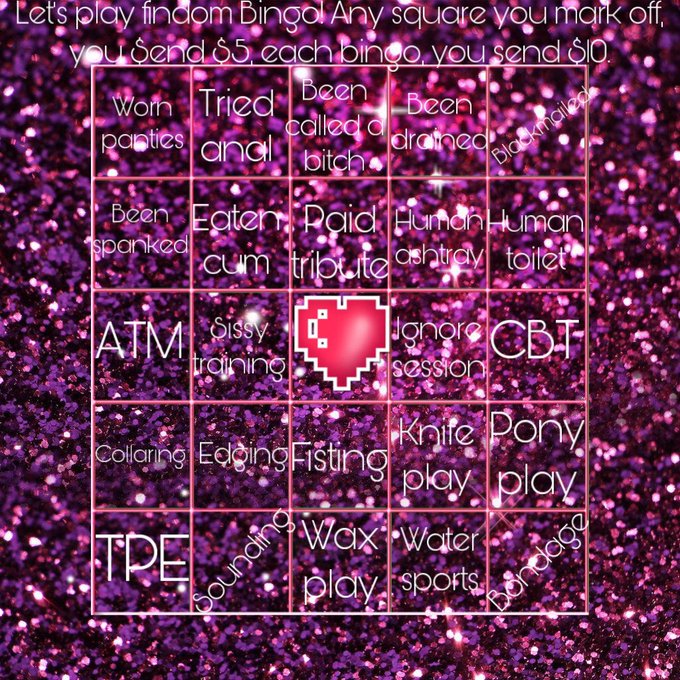 Who wants to play findom bingo? $end $5 for every square you mark, and $10 for every bingo!  Mark squares