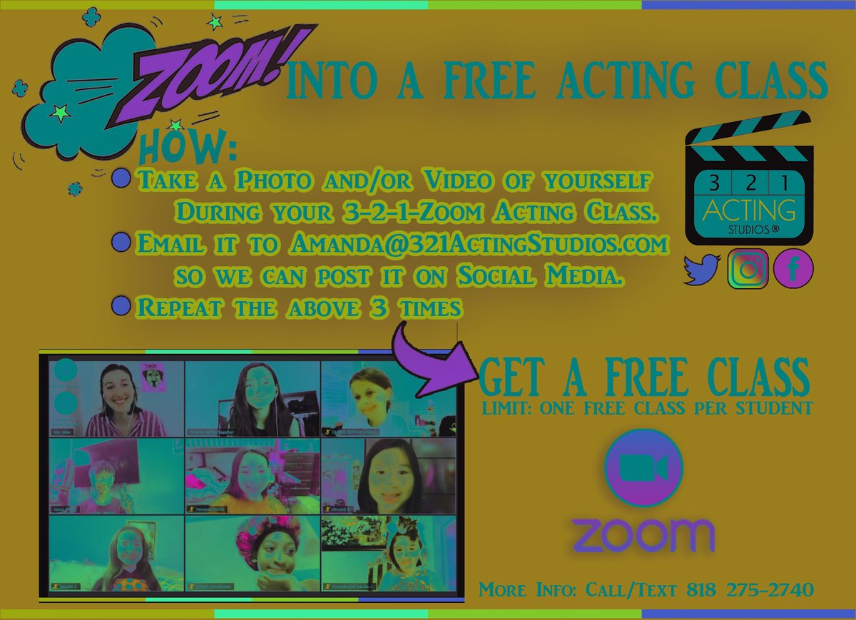 321Acting's tweet image. Ask a friend to join you in your Zoom Live Online Acting class and you&apos;ll get a free class! Call/Text for more info: 818 275-2740
_________
#ActingClasses #ZoomActingClasses #ZoomMeeting #ActingForKids #ActingForTeens #ActingForAdults #ActorsLife