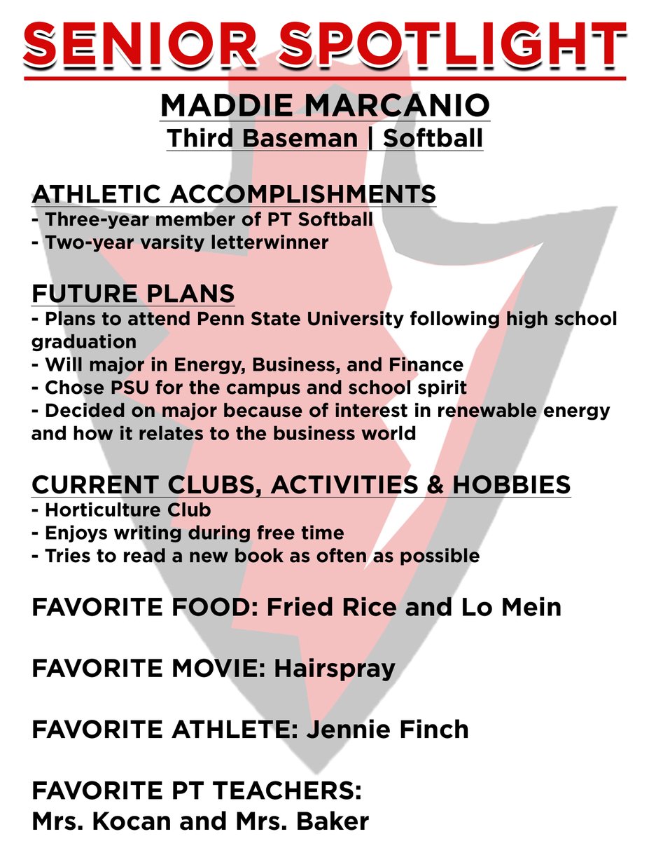 Today's Senior Spotlight is on softball player Maddie Marcanio!  Check out Maddie's profile below.  You can scroll back through our Twitter posts to see the previous Senior Spotlights for our spring athletes!