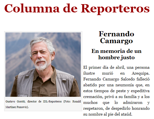 IDL_R's tweet photo. El 1ero de abril falleció Fernando Camargo, abogado y asesor del Frente de Defensa del Agro Arequipeño, “uno de los mayores conocedores del derecho agrario (...) concibió su profesión como un servicio humano y como una militancia de amor a su tierra”.👉 https://t.co/YVp5kDR0aX. https://t.co/GPKXwba6bg