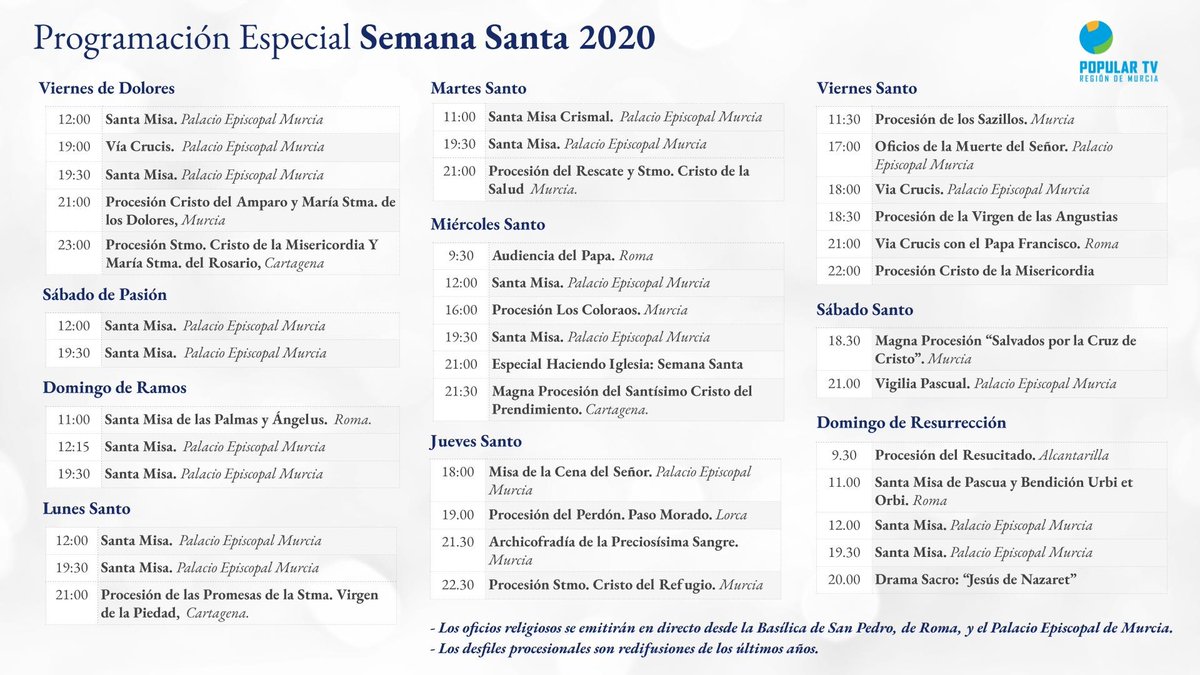 JaviMGomez's tweet photo. Programación especial de #SemanaSanta en @PopularTvMurcia 
#SemanaSantaEnCasa https://t.co/GRIM5c4r17
