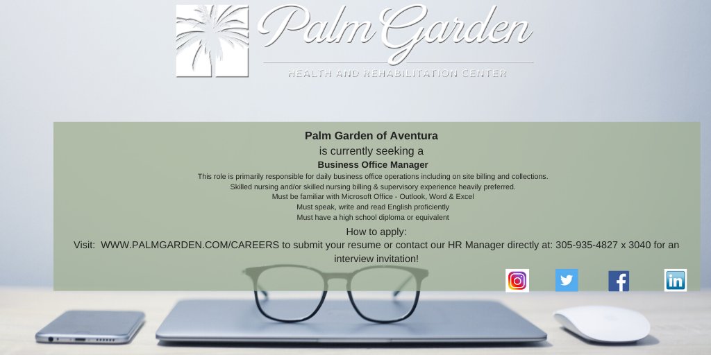PGRecruit's tweet photo. Join our team at Palm Garden of Aventura as our Business Office Manager! LTC billing & collections exp pref. Supervisory exp pref. Must be familiar w/Microsoft office. Visit: https://t.co/RY9bNgii6j! #Medicalbilling #Medicalcollections #NMiamiBeach #Skillednursing https://t.co/XeRFXEcnEt