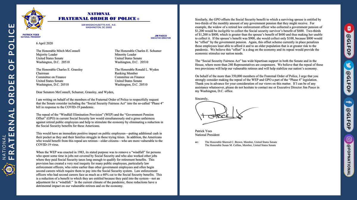 GLFOP's tweet photo. National FOP President Patrick Yoes sent the following letter to Senators McConnell, Schumer, Grassley and Wyden, requesting that the Senate consider including the "Social Security Fairness Act” into the so-called “Phase 4” bill in response to the #COVID19 pandemic. https://t.co/yLtfSxOpYM