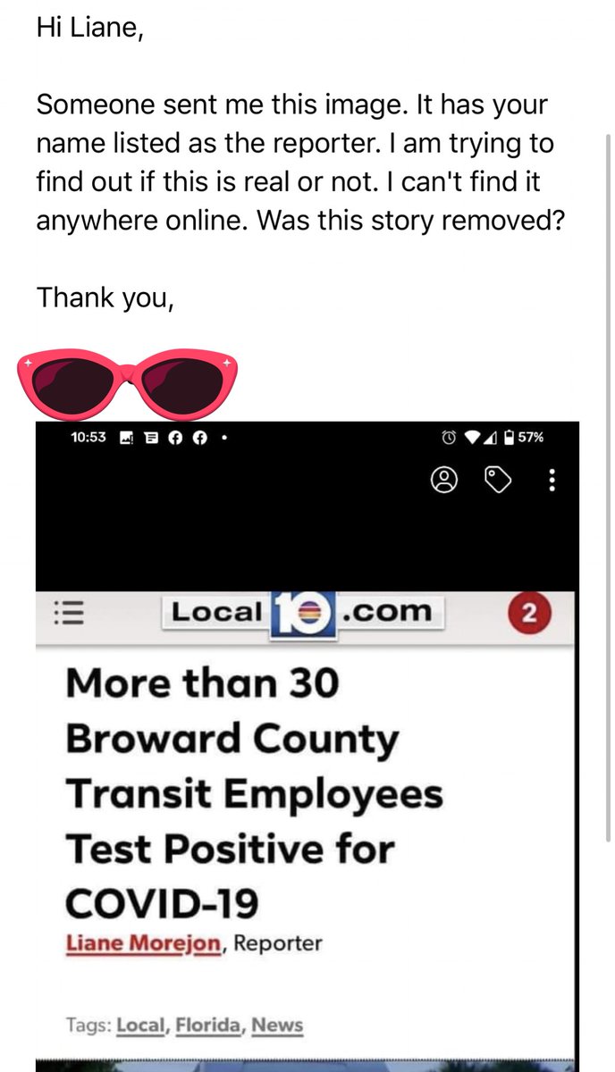 I received an email from someone saying they had trouble finding an article that appeared to have been written by me. The only problem is, I had written no such article &  @WPLGLocal10 has no reporting as of this date regarding cases of Covid-19 among Broward Transit workers.