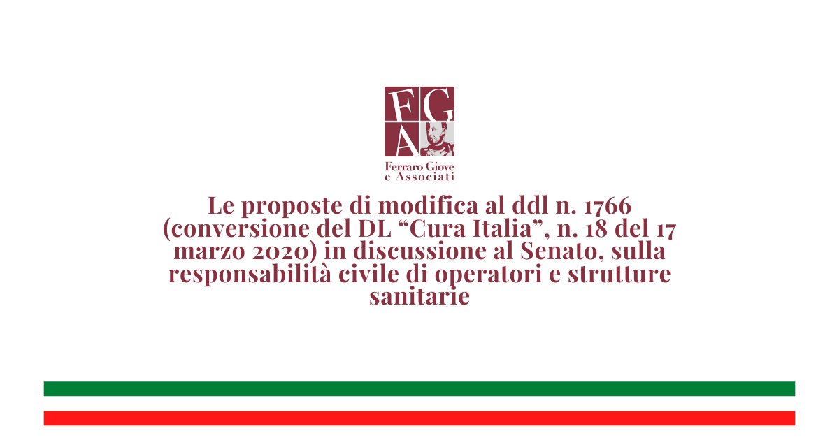 Abbiamo raccolto le proposte di modifica al ddl n. 1766 (conversione del DL “#CuraItalia” n. 18 del 17.3.2020) in discussione al <a href="/SenatoStampa/">Senato Repubblica</a> su #Responsabilitàcivile operatori e strutture sanitarie. 
#StudioFGA #ResponsabilitàSanitaria #Covid19

➡️ bit.ly/3e2phET⬅️