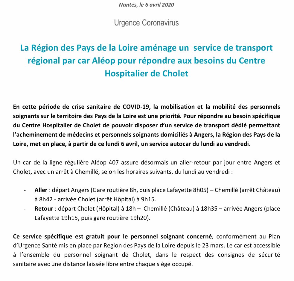 Depuis ce matin, la #Région met à disposition du #CentreHospitalier de #Cholet un service de transport quotidien dédié aux personnels soignants habitant #Angers. 
#RésistanceCovid19