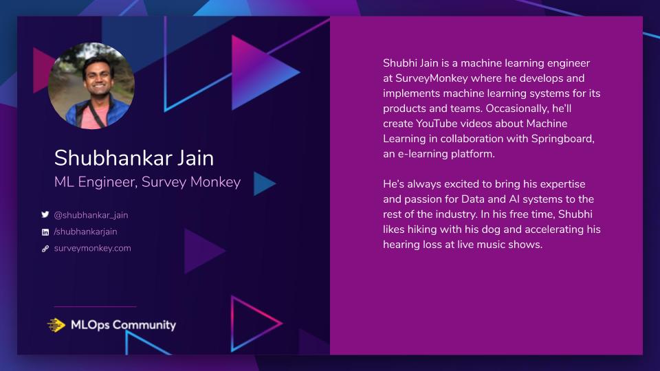 I'll be speaking on Wednesday on the MLOps Community podcast about building an ML platform at @surveymonkey. Thanks for the opportunity @getdotscience, looking forward to it! Register here to listen: lnkd.in/gYezaeY