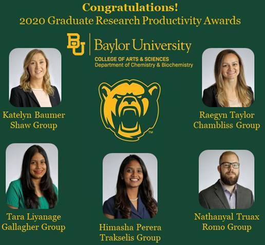 Congratulations to our <a href="/BaylorCBC/">Baylor Chemistry</a> Grad Student Productivity Award Winners for 2020. @katelynbaumer @HimashaMPerera <a href="/Trakselis/">Michael Trakselis</a> <a href="/RomoGrp_Baylor/">Daniel Romo</a> <a href="/BaylorOVPR/">Baylor OVPR</a> #research #gradlife