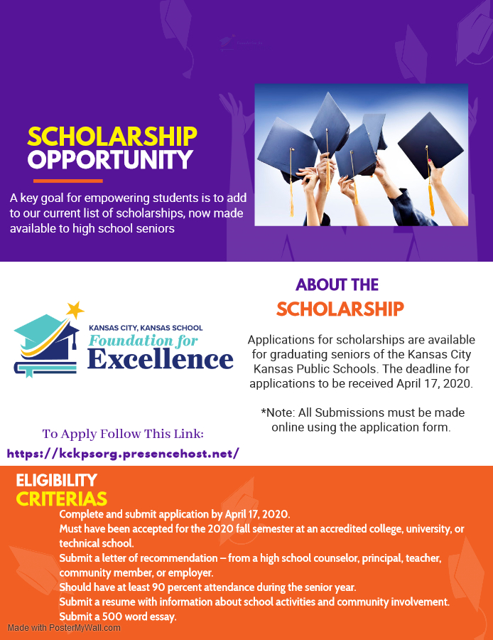 Seniors! Apply for the Kansas City, KS School Foundation for Excellence 2020 Scholarship! The deadline is Friday, April 17th! The application has multiple scholarships, so apply for all you are able to! <a href="/kckps_sumner/">Sumner Academy</a> <a href="/KCKDiplomaPlus/">Diploma +</a> #kckpsontrack