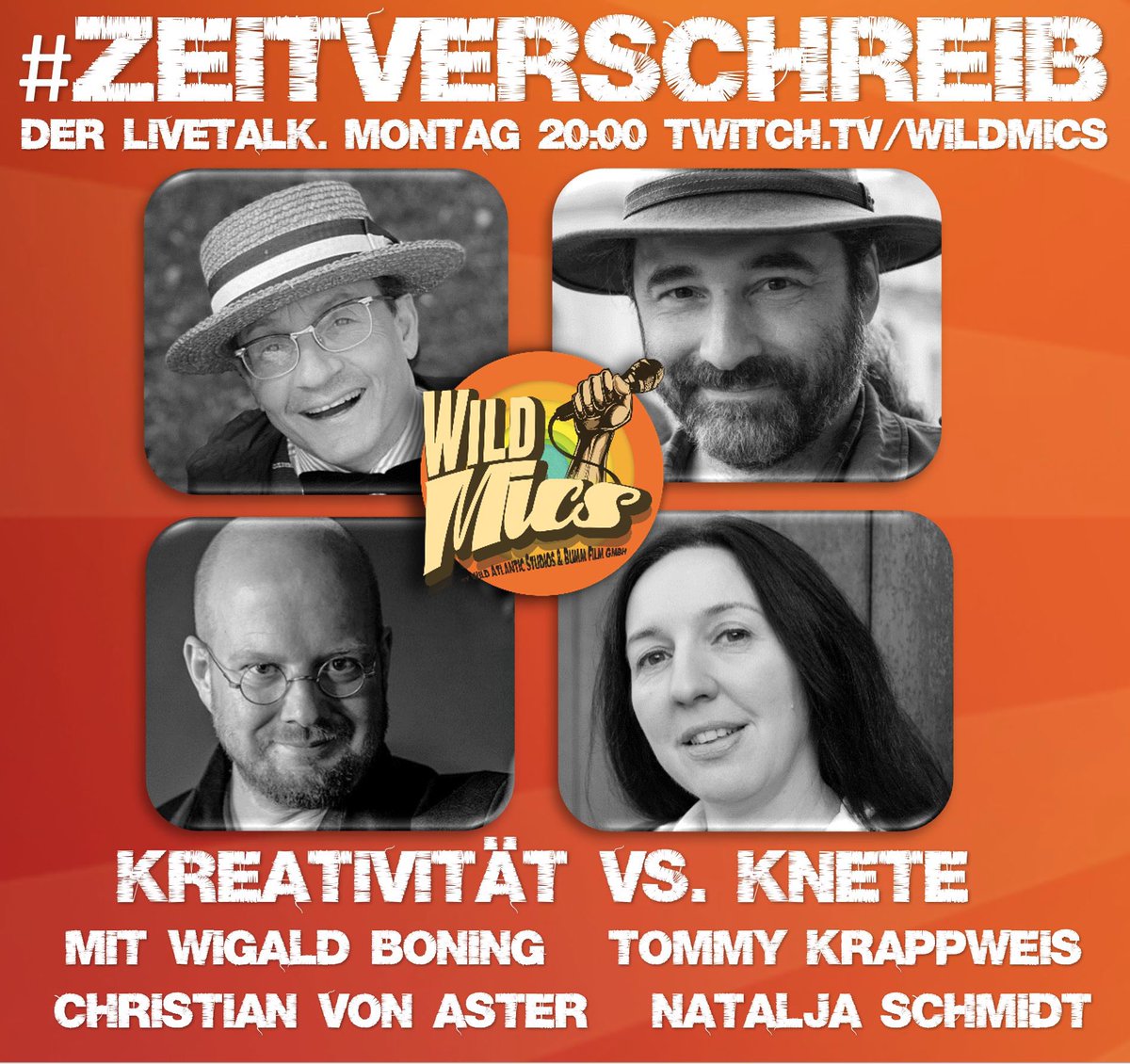 WildMics (@wildmics) on Twitter photo Das Duell 🚨 "Kreativität vs. Knete"
#ZEITVERSCHREIB 📓 - Der Livestream für Schreib-kreative.
Heute Abend um 20:00 Uhr auf twitch.tv/wildmics
mit <a href="/BoningWigald/">Wigald Boning</a>, <a href="/vonaster/">Herr von Aster</a>, <a href="/schriftart/">Natalja 📯</a> und @TommyKrappweis.
#Autoren #Schreiben #BleibtZuhause Das Duell 🚨 "Kreativität vs. Knete"
#ZEITVERSCHREIB 📓 - Der Livestream für Schreib-kreative.
Heute Abend um 20:00 Uhr auf twitch.tv/wildmics
mit <a href="/BoningWigald/">Wigald Boning</a>, <a href="/vonaster/">Herr von Aster</a>, <a href="/schriftart/">Natalja 📯</a> und @TommyKrappweis.
#Autoren #Schreiben #BleibtZuhause