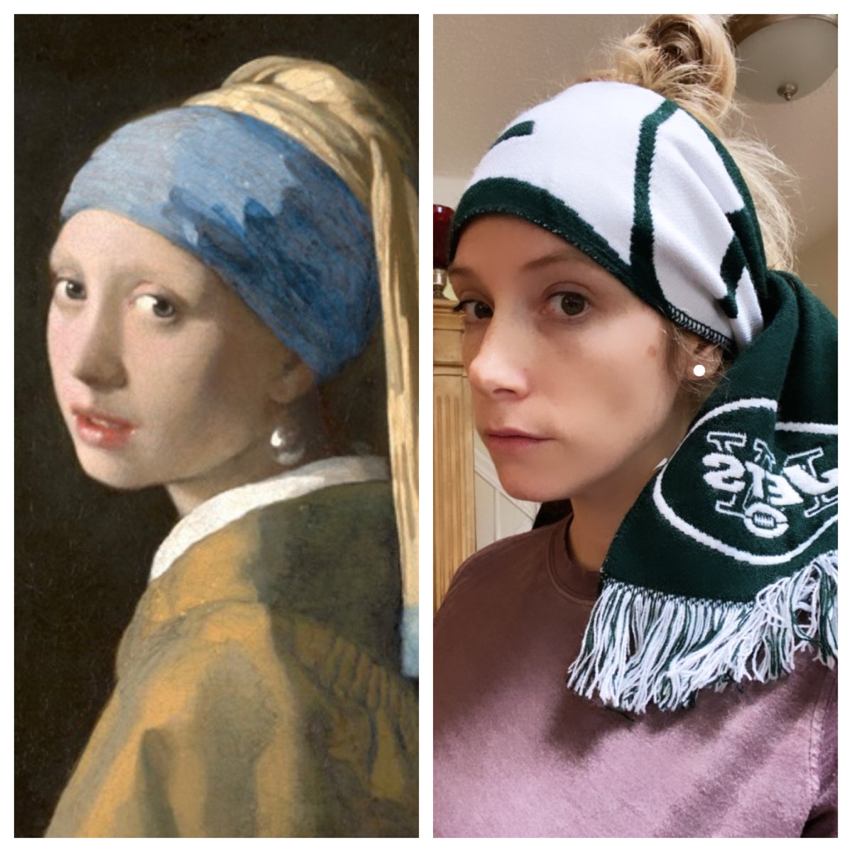 MsP_ArtT's tweet photo. Channeling #Vermeer on this first day of #spiritweek! He was a jets fan too, you didnโt know? #khspride @_khsprincipal @KeyportSchools https://t.co/9oSWjVXlg2