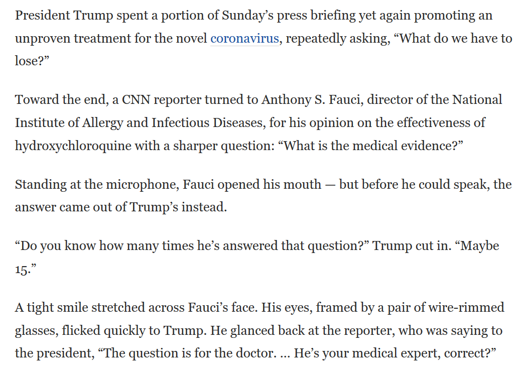 [From today's WaPo, no link because trump's horrible mug]Put yourself in Fauci's shoes.No really, try.Pretend your field of expertise and experience is crucial to saving lives right now and that you have plenty of both.