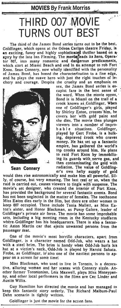 1) Today's thread o' movie-related stuff begins in memory of actress Honor Blackman with the Globe and Mail's original review of Goldfinger (December 23, 1964)  #TOhistory