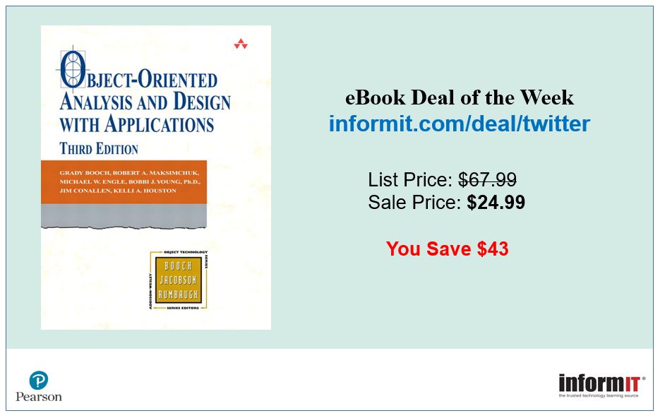 InformIT's tweet image. #EBOOKDEAL: Save $43 on @Grady_Booch classic & essential reference to object-oriented technology. informit.com/deal/twitter
#OOprogramming #objectoriented