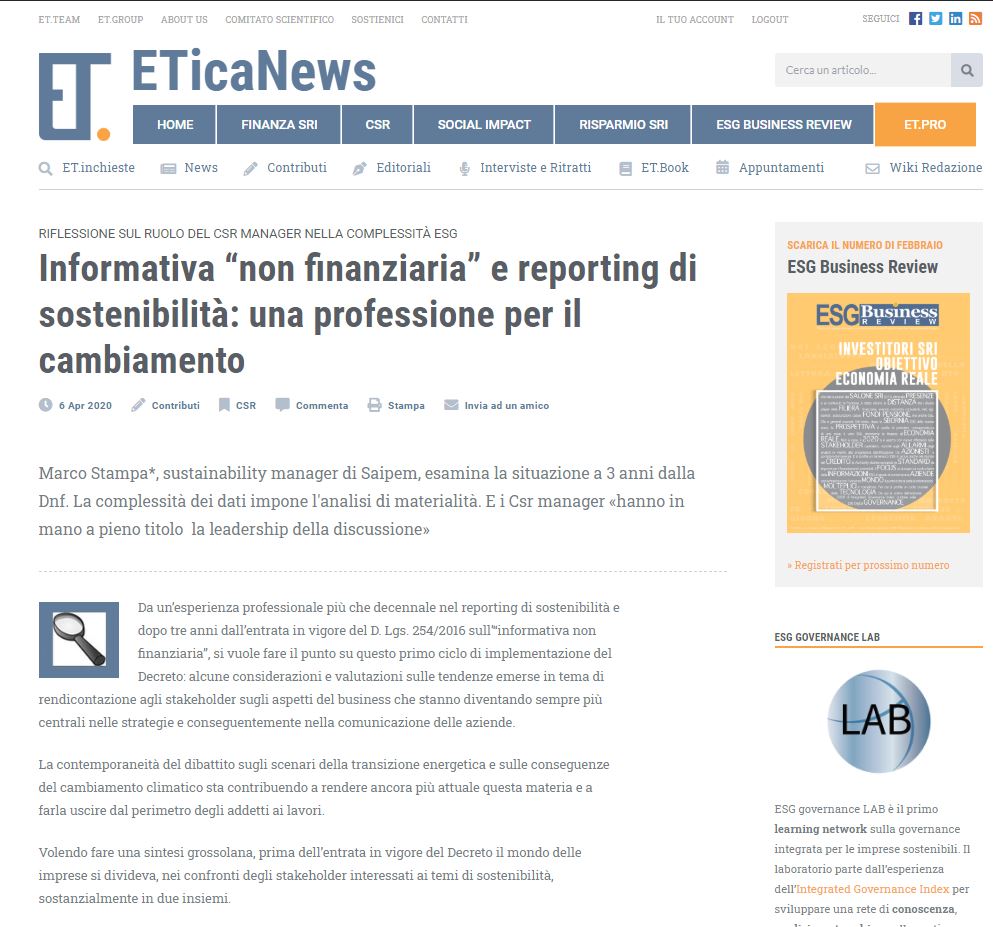 ETicaNews's tweet photo. #contributi Informativa “non finanziaria” e reporting #sostenibilità: una professione per il cambiamento.Marco Stampa, sustainability manager Saipem, esamina la situazione a 3 anni da #Dnf. Riflessione sul #Csrmanager nella complessità ESG @CSRManagerNet
https://t.co/xtjTiGBQn9 https://t.co/I7pPcAg6bC