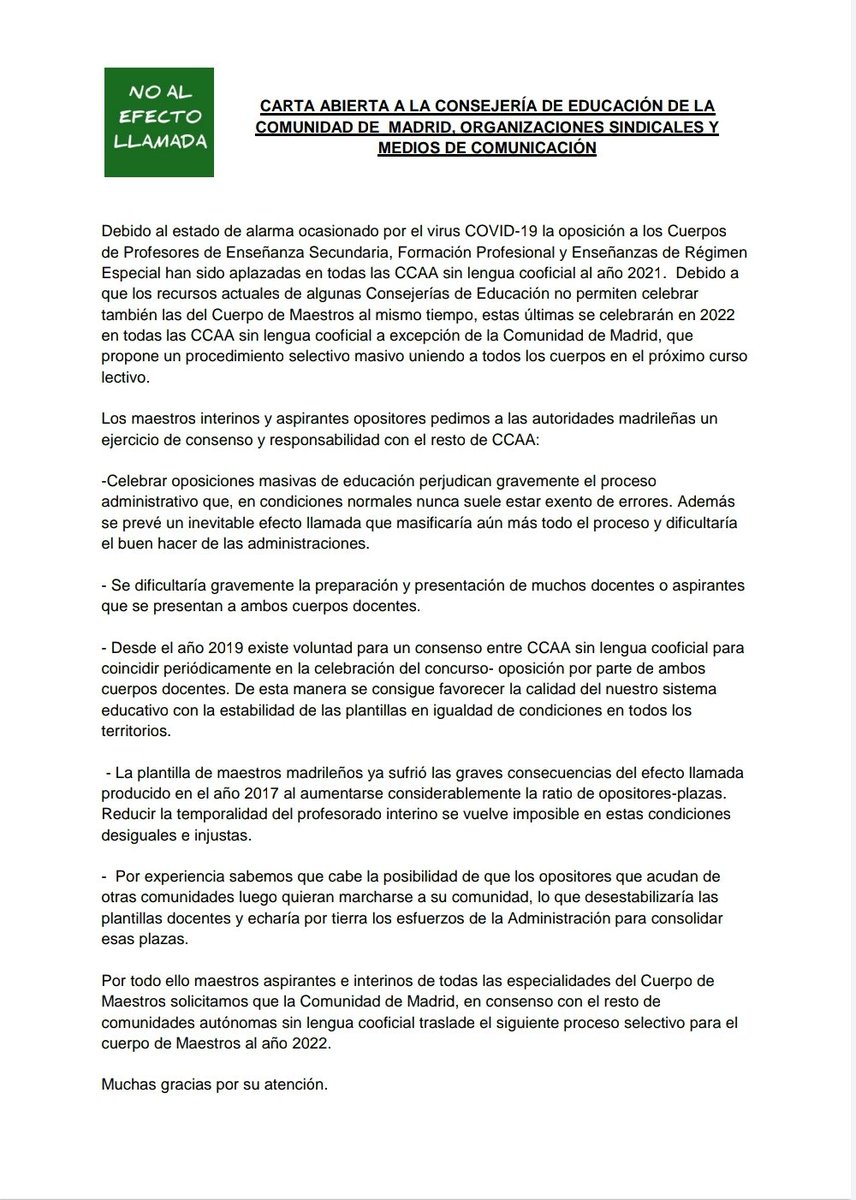 Carta abierta a la Consejería de Educación de Madrid, organizaciones sindicales y medios de comunicación para solicitar un consenso entre comunidades convocando oposiciones de maestros en 2022.