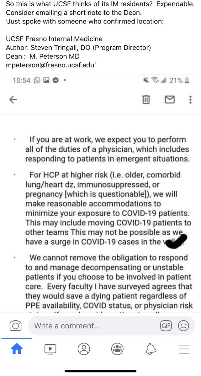 Hey  @UCSFMedicine, is this what you tell your residents- to go into rooms without PPE and risk their own lives or else be placed on temporary leave of absence ?UNACCEPTABLE AND UNETHICAL.  @acgme  @AmerMedicalAssn  #medtwitter  #GetMePPE