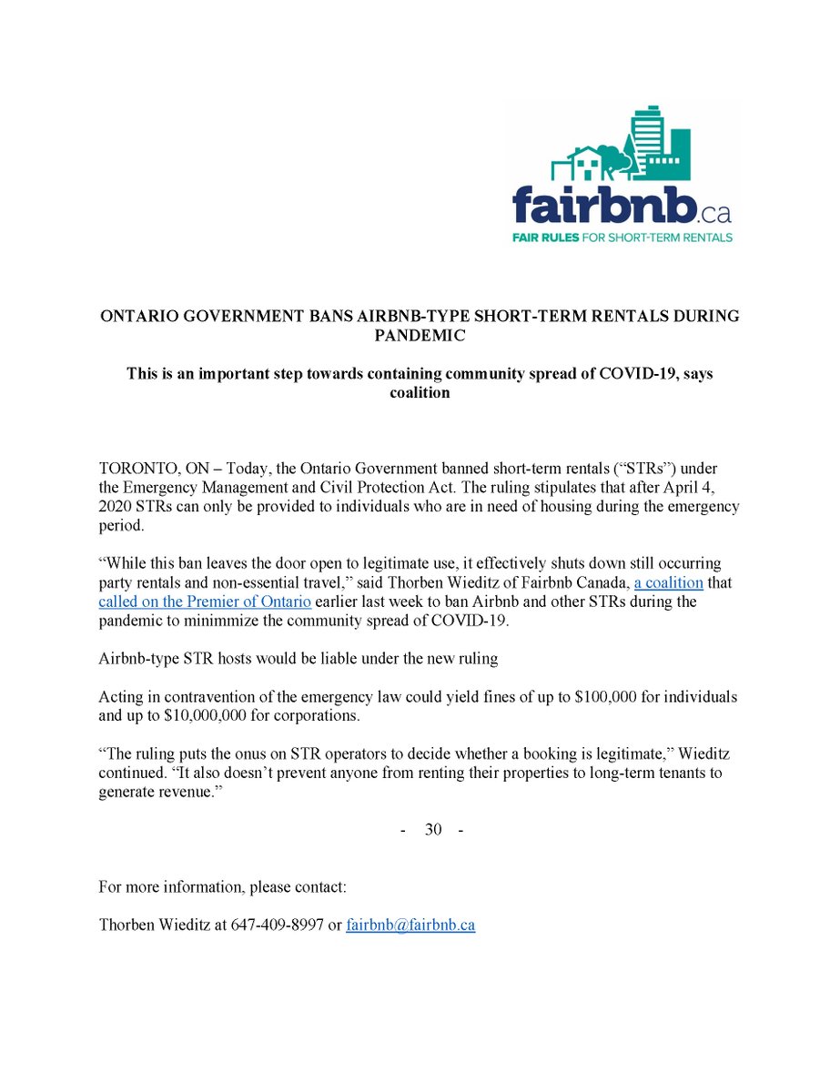 FOR IMMEDIATE RELEASE: 

ONTARIO GOVERNMENT BANS AIRBNB-TYPE SHORT-TERM RENTALS DURING PANDEMIC

This is an important step towards containing community spread of COVID-19, says coalition

#ONpoli #TOpoli #COVID19 #Airbnb