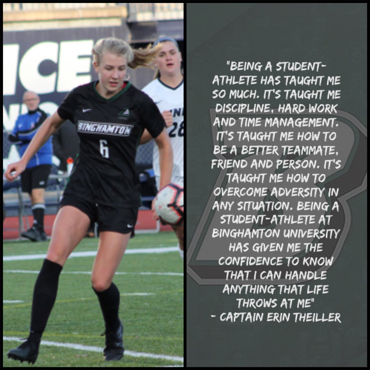 BinghamtonWSOC's tweet photo. 🚨Happy National Student-Athlete Day! 🚨 Thank you captain @erintheiller for sharing with us what being an @ncaasoccer student-athlete at @binghamtonathletics has taught you! #WeBAWLOutTogether #BingPride #NatlSADay 🖤⚽️💚 https://t.co/V0qlZAuaIC