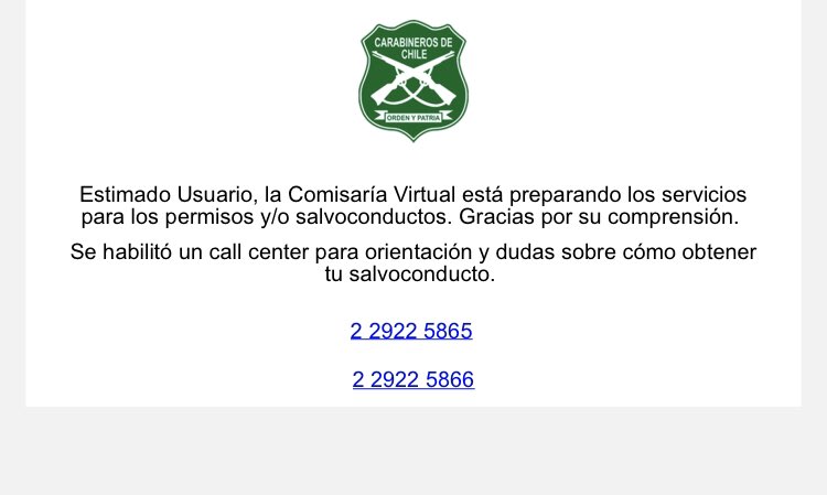 g_atos1's tweet photo. @meganoticiascl esta caída  #ComisariaVirtual llevo más de una hora tratando de sacar permiso para ir al doctor, los teléfonos no funcionan https://t.co/rNaDv90u8F