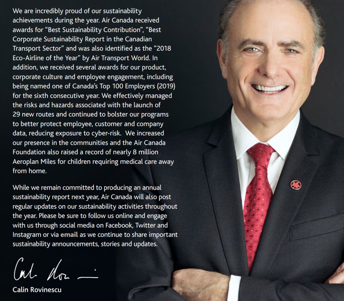  @AirCanada CEO hyping pointlessly narrow awards."sustainability performance in a transparent and accountable manner" (S1&S2 [not S3] in separate doc). Self congrats via "Liters for every 100 Revenue Tonne [km]" due to new planes.Missing 9 relevant S3 categories (CDP).