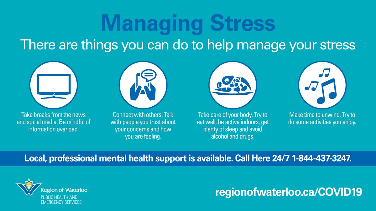 We recognize that this is a difficult time for residents across <a href="/RegionWaterloo/">Region of Waterloo</a> but there are things you can do to help manage your stress. Stay connected with one another and take care of yourself. For more info visit regionofwaterloo.ca/COVID19