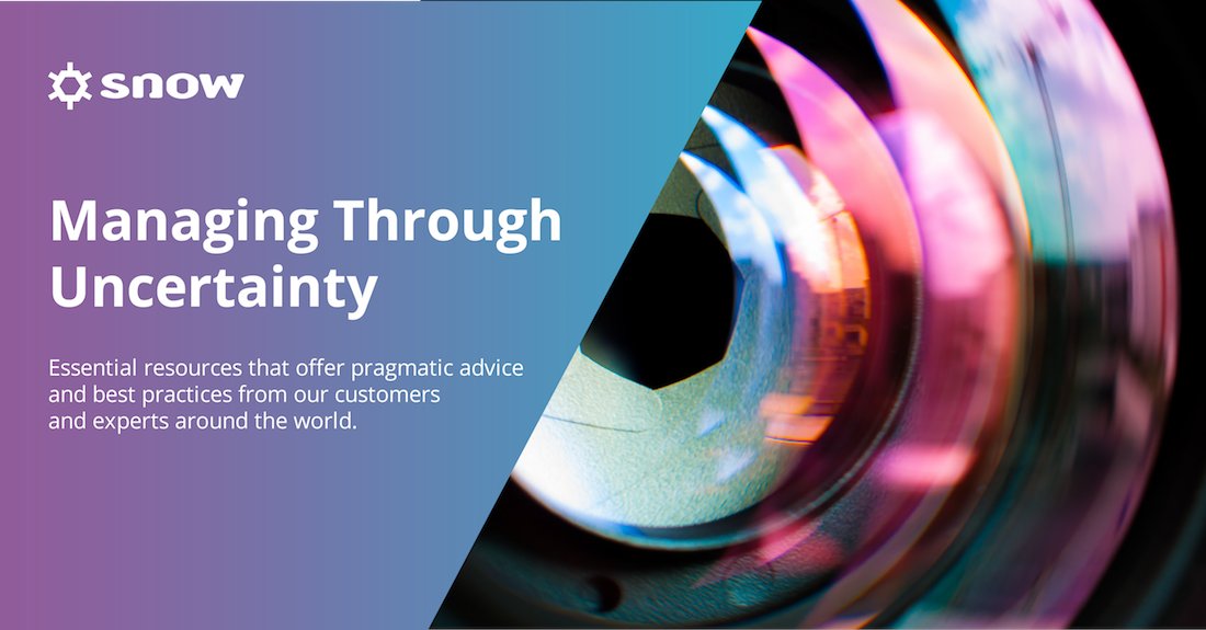clnunley's tweet photo. At Snow, we recognize this is a challenging time for all, including those in IT. To help in areas such as remote working &amp; cost management, we're providing resources that offer help &amp; best practice from customers &amp; industry experts, no sign up required - https://t.co/VK8XBs0Fjb https://t.co/mq2jLznW6A