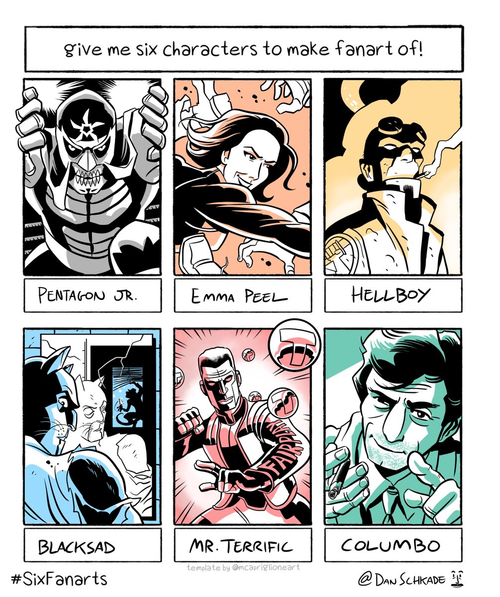 Kicking the week off right with my #SixFanarts! Thanks for all the great suggestions -- Hourman, Jack Cole's Daredevil, Static & a few others almost made the cut, but this configuration just hit my palate right. Great way to break up the weekend workflow, ton of fun, would rec ?️