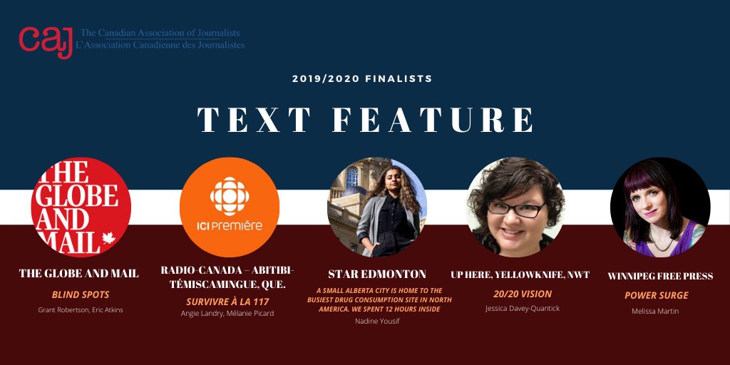 caj's tweet photo. Congratulations to the finalists for Text Feature category:

🏆Grant Robertson, Eric Atkins (The Globe and Mail)
🏆Angie Landry, Mélanie Picard (Radio-Canada)
🏆Nadine Yousif (Star Edmonton)
🏆Jessica Davey-Quantick (Up Here)
🏆Melissa Martin (Winnipeg Free Press)
#CAJawards https://t.co/2tsaG1HrYL