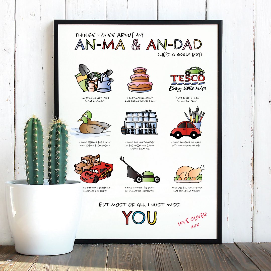 fabdesignuk's tweet photo. Missing our families lots &amp; this weekend we decided to make a poster to show how much we are missing them. 
This one was for Oliver’s An-ma and An-Dad, as Oliver calls them, showing all the fun things he misses about being with them. 
#isolationgifts #missingourfamily #familygift https://t.co/jKLq2DELgk