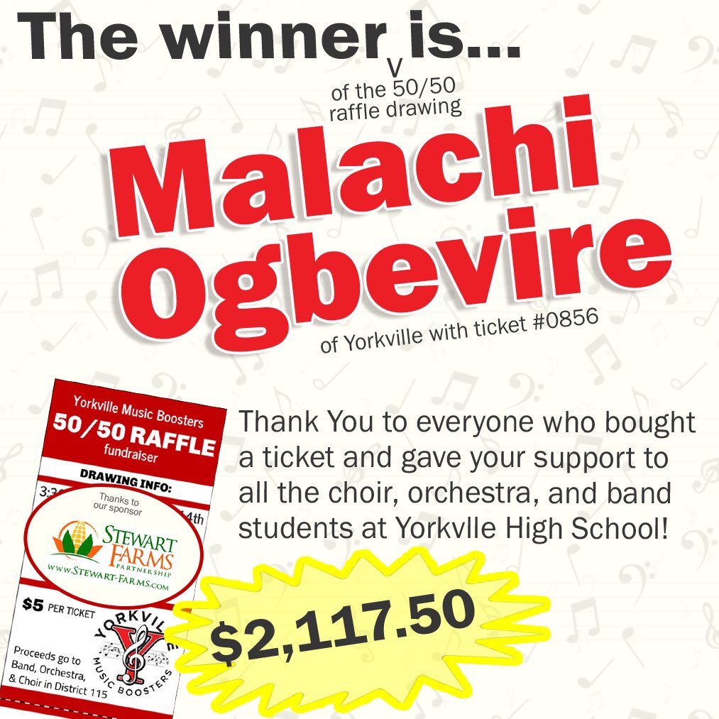 Y115musicboost's tweet photo. The winner is 🥁🥁🥁🥁
Malachi Ogbevire of Yorkville!
-
Ticket # 0856, bought at the ACES 4th and 5th Grade Music Program on Feb 27th
-
The winner receives $2,117.50
AND so do our orchestra, choir, &amp; band programs, thanks to all who bought tickets 🙏🏻
-
#Y115Music #MusicBoosters https://t.co/r6XQGZSbds