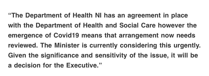 I’ve received this statement from  @healthdpt which is the same as a statement from last week. It doesn’t answer my latest questions on whether the minister brought the promised paper to the Executive, what’s happening next etc. For what it is worth here ya go