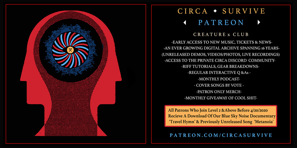 circasurvive's tweet image. In celebration of our Patreon launch we decided to make episode 1 of our podcast open to EVERYONE whether you sign up or not. Please accept this distracting gift as a token of our love for you and stay safe 又 The podcast is easy to find when you go to patreon.com/circasurvive